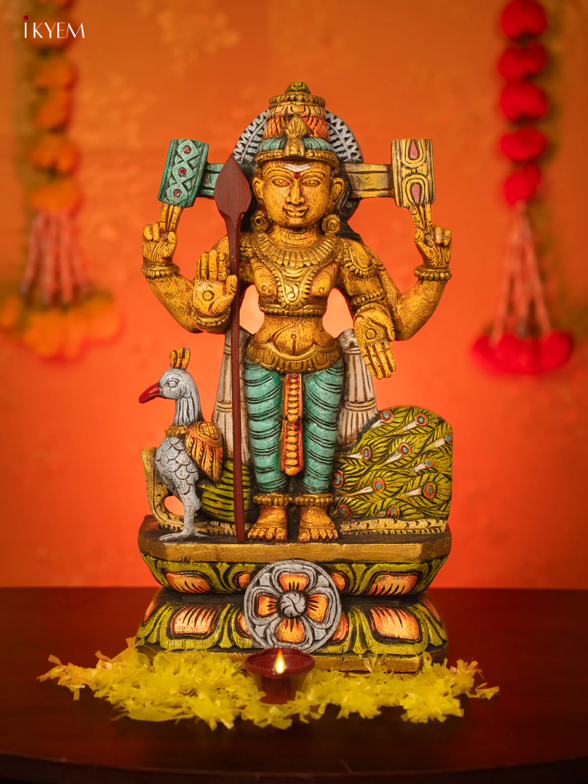 Wooden Hand Carved Painted Murugan Statue - Image 2