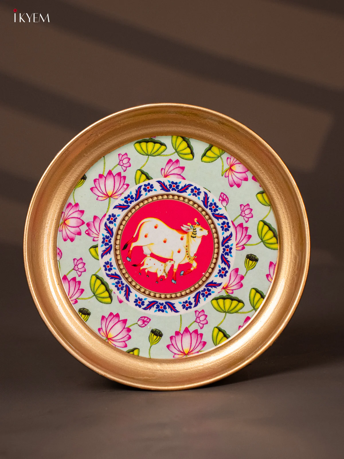 Cow & Calf Lotus Printed Pastel Blue Copper Coating Plate 6 Inch