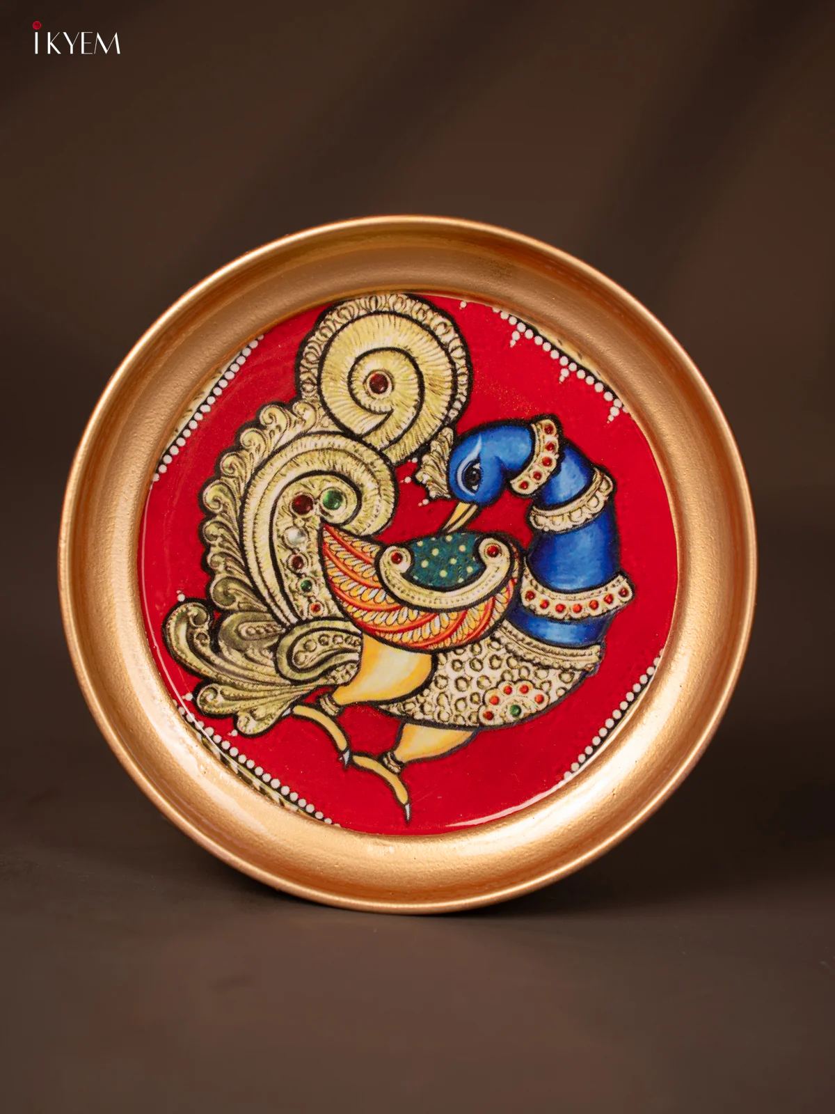 Peacock Printed Blue with Red Brass Coated Plate - 6 Inches - KG25134