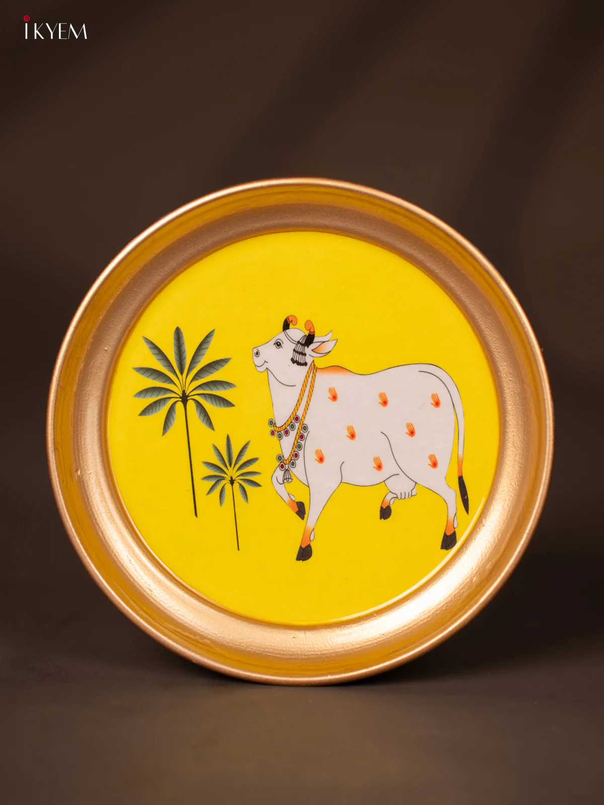 Cow & Tree Printed Yellow Brass Coated Plate - 6 Inches - KG25137