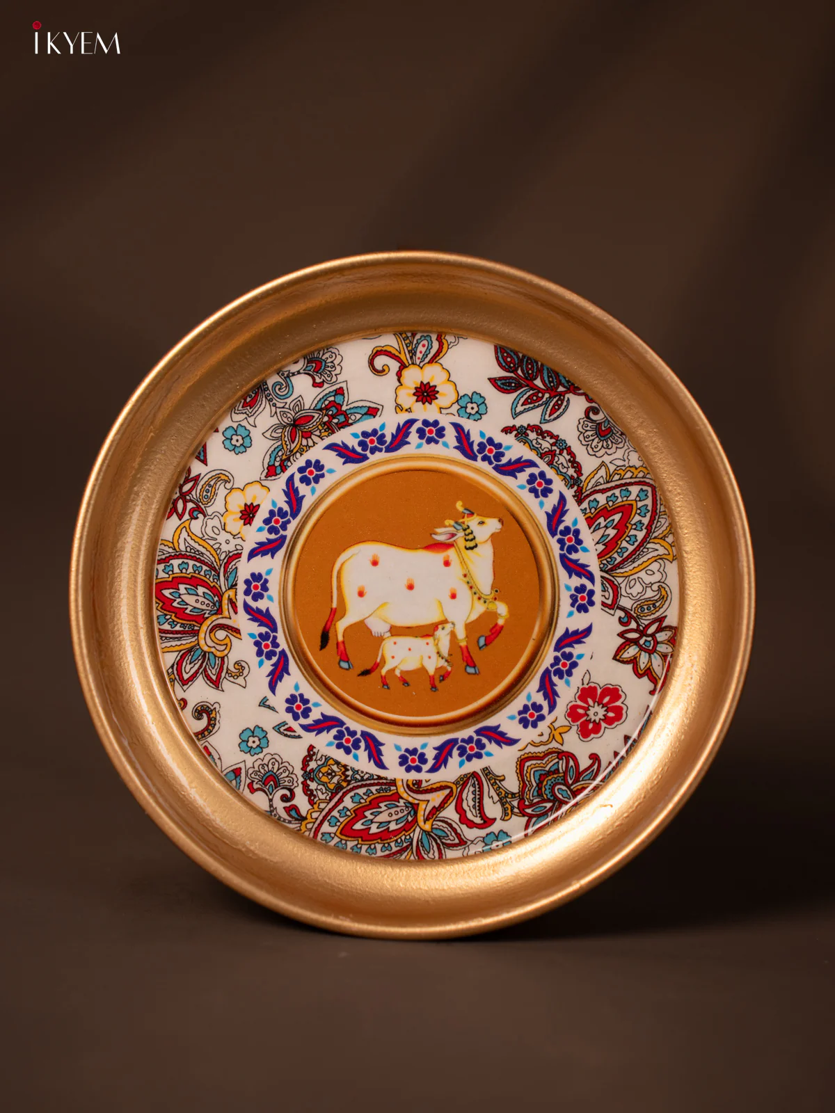 Cow & Calf Printed White with Blue Brass Coated Plate - 6 Inches - KG25139