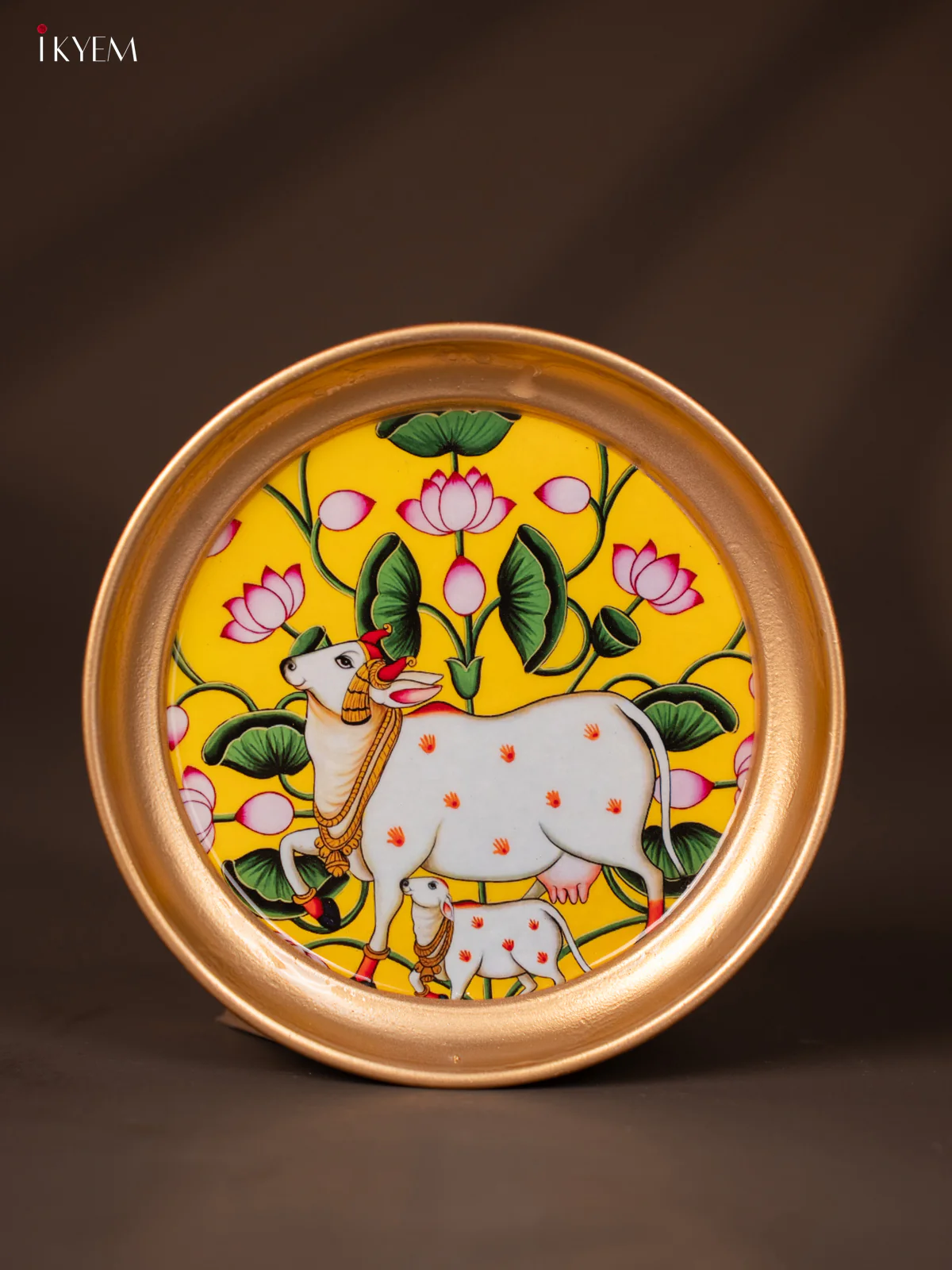 Cow & Calf with Lotus Printed Yellow Brass Coated Plate - 6 Inches - KG25147