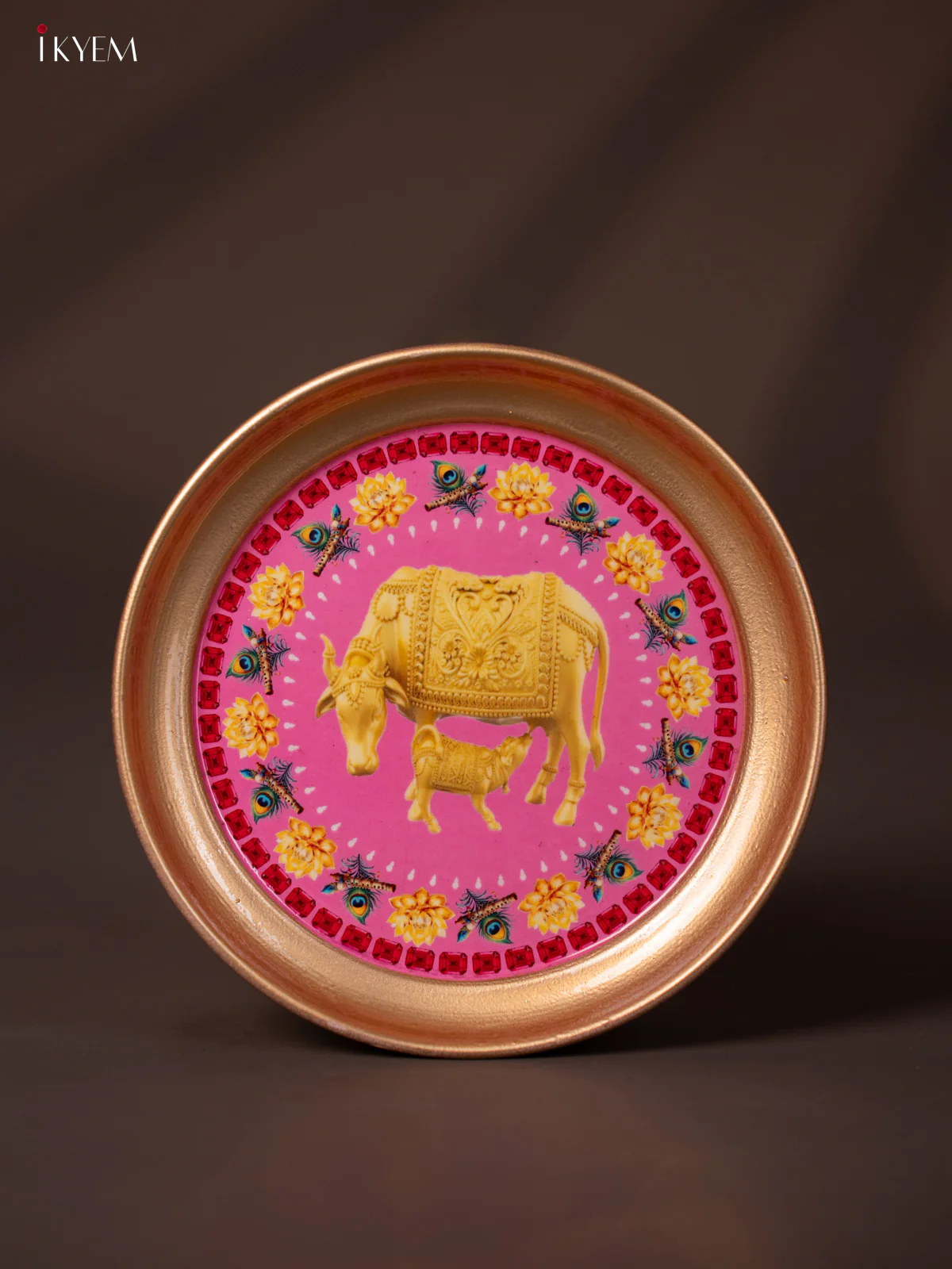 Cow & Calf Printed Pink Brass Coated Plate - 6 Inches - KG25148