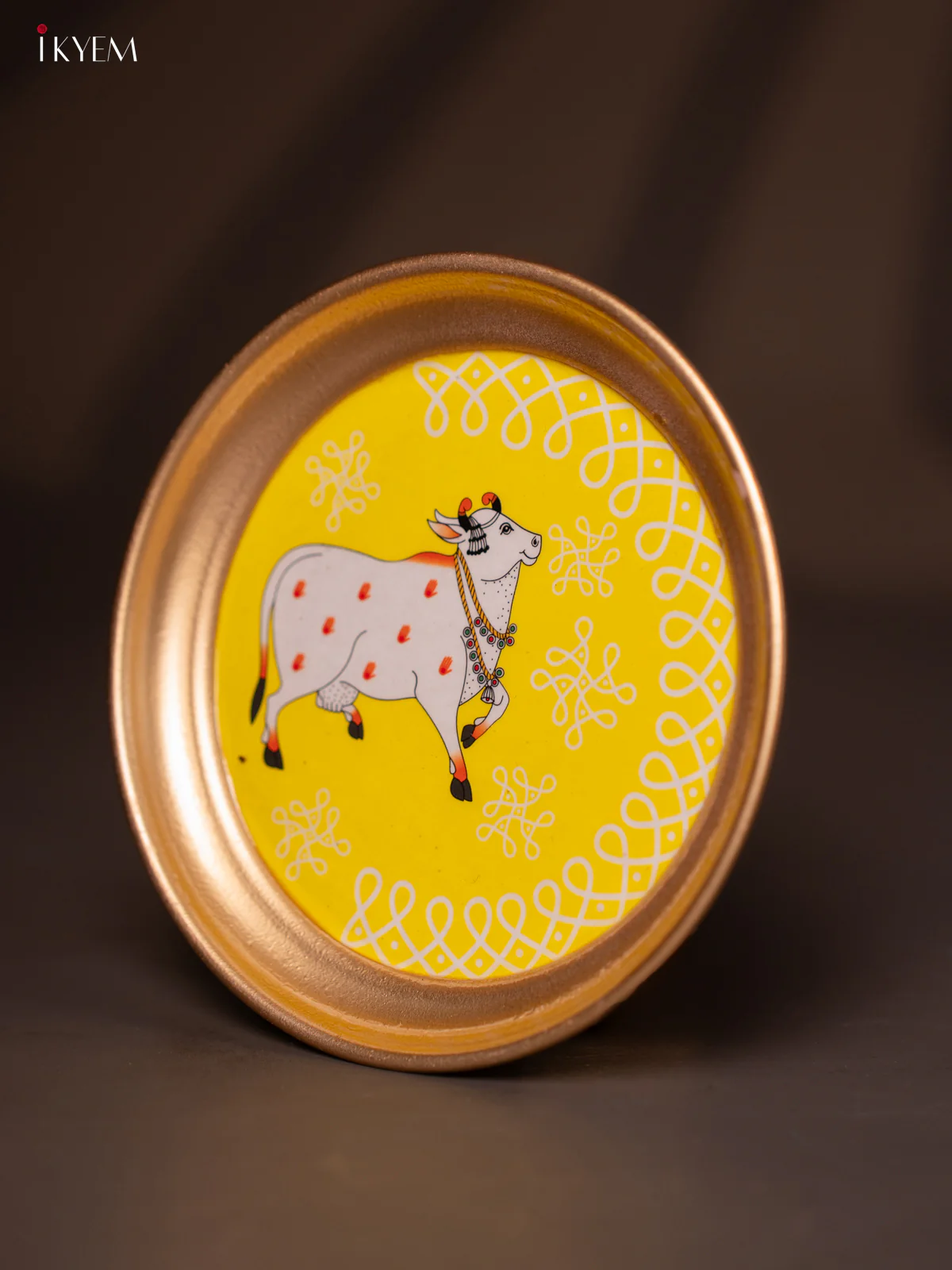 Cow & Kolam Printed Yellow Brass Coated Plate - 6 Inches - KG25150 - Image 3