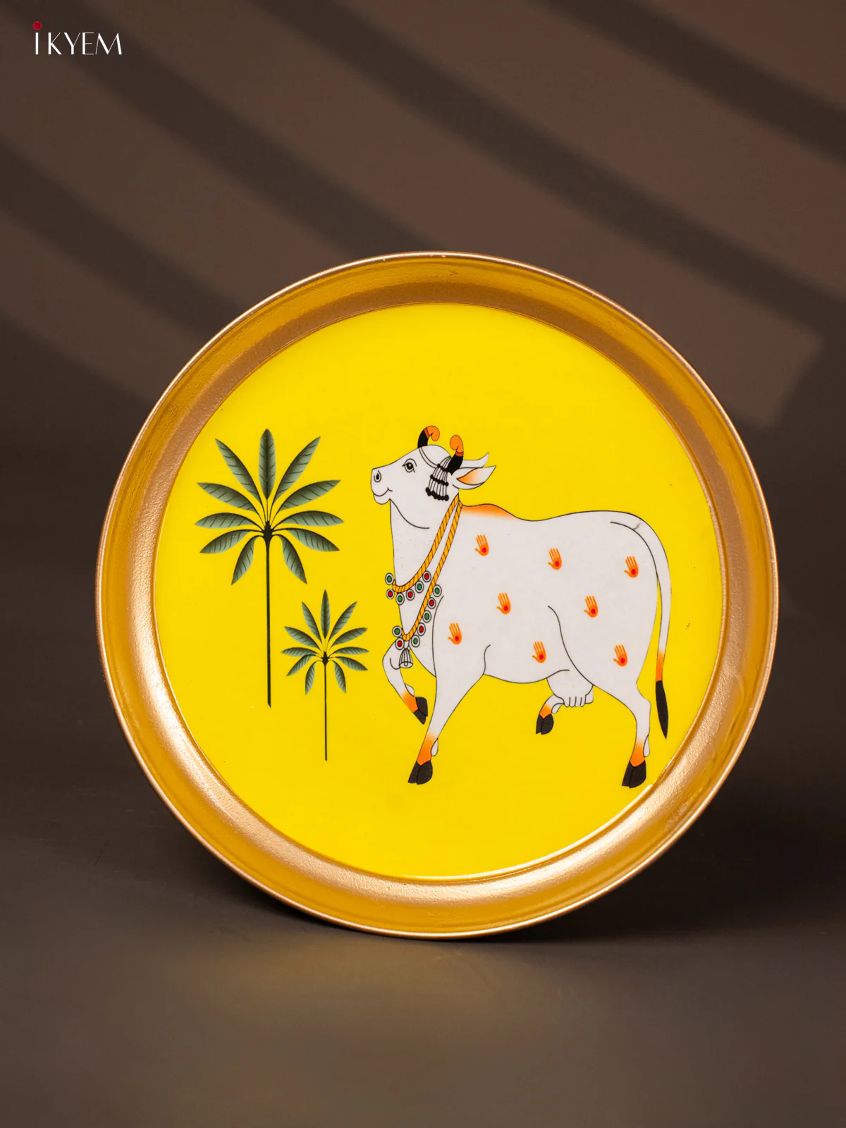 Cow & Tree Printed Yellow Brass Coated Plate - 8 Inches - KG25157