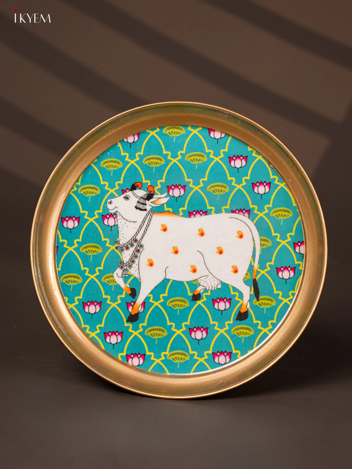 Cow Printed Sky Blue Brass Coated Plate - 8 Inches - KG25166