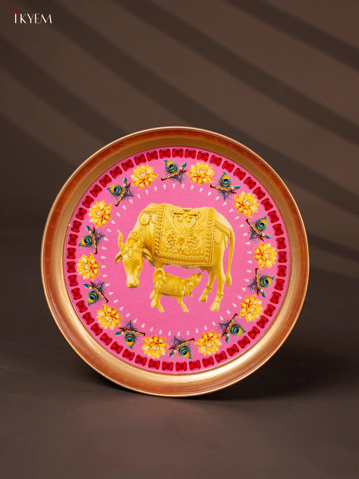 Cow & Calf Printed Pink Brass Coated Plate - 8 Inches - KG25168