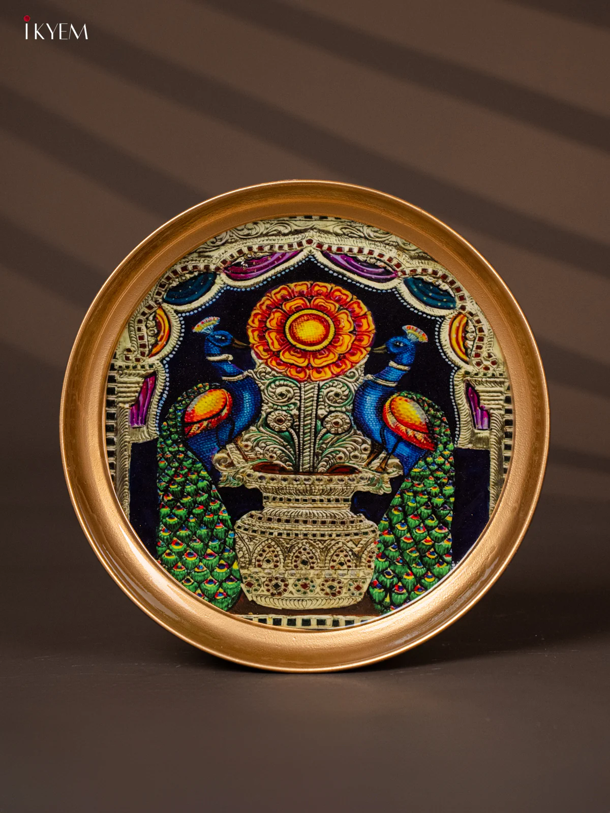 Peacock Printed Navy Blue Brass Coated Plate - 8 Inches - KG25170