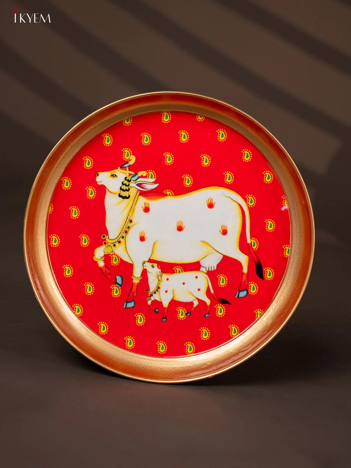 Cow & Calf Printed Red Brass Coated Plate - 8 Inches - KG25174