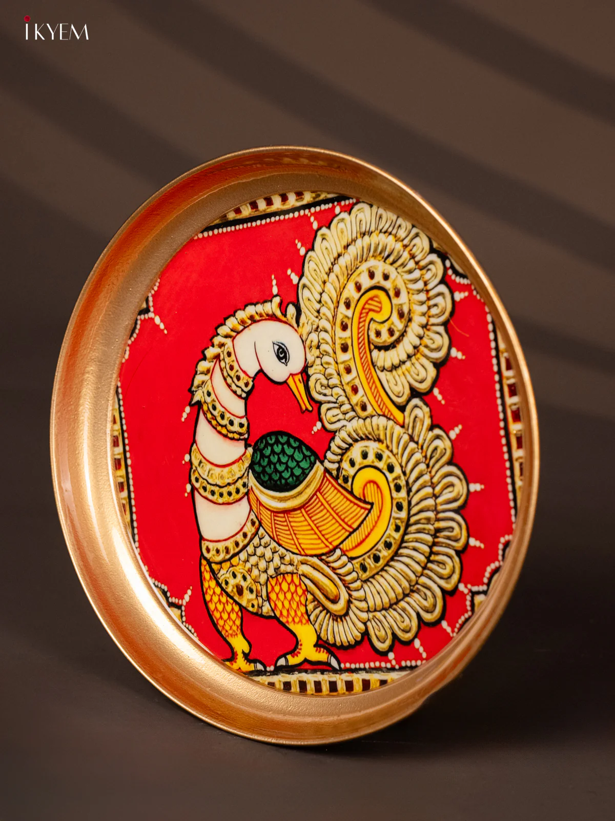 Peacock Printed Red with Yellow Brass Coated Plate - 8 Inches - KG25178 - Image 3