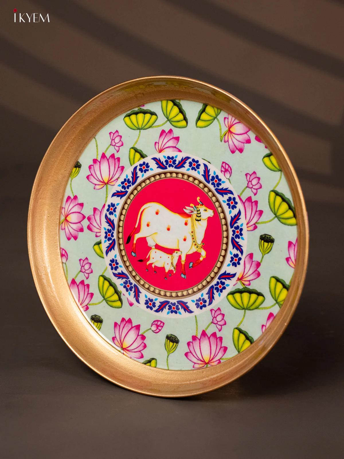 Cow & Calf with Lotus Printed Brass Coated Plate - 8 Inches - KG25182 - Image 3
