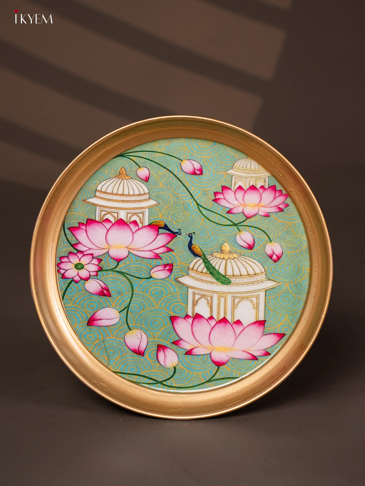 Lotus Printed Green Brass Coated Plate - 8 Inches - KG25189
