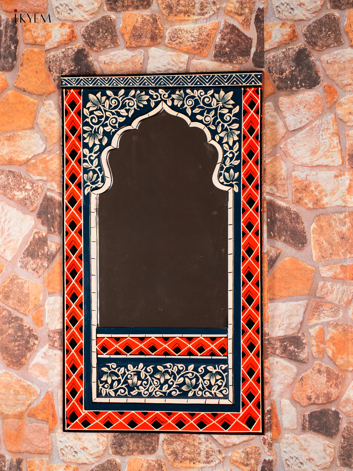Wooden hand Painted jharokha Mirror 21 Inches - Orange & blue - KG28127