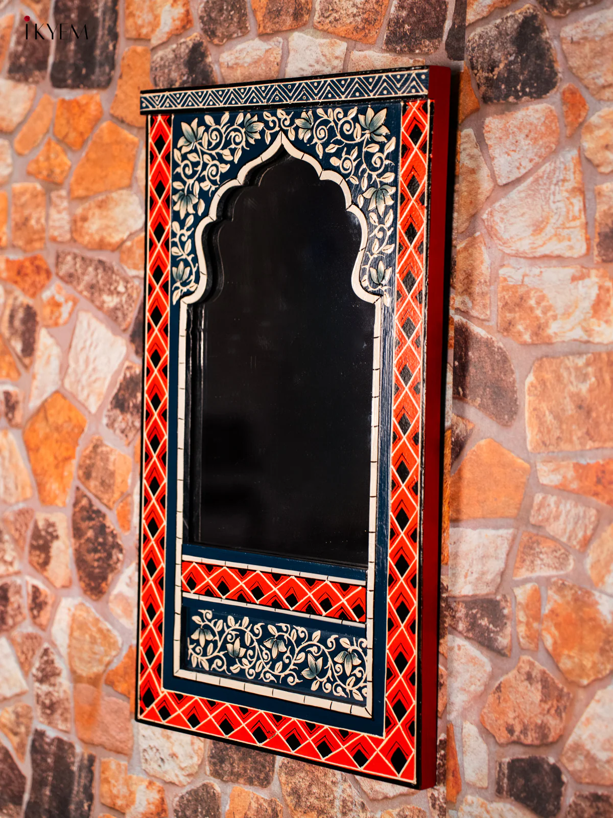 Wooden hand Painted jharokha Mirror 21 Inches - Orange & blue - KG28127 - Image 2