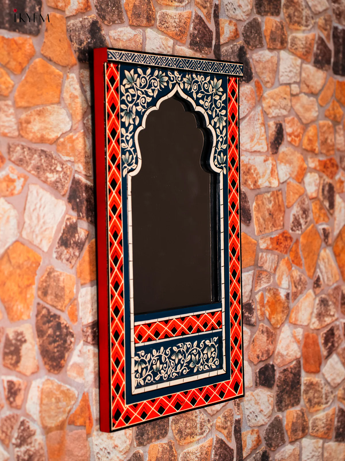 Wooden hand Painted jharokha Mirror 21 Inches - Orange & blue - KG28127 - Image 4