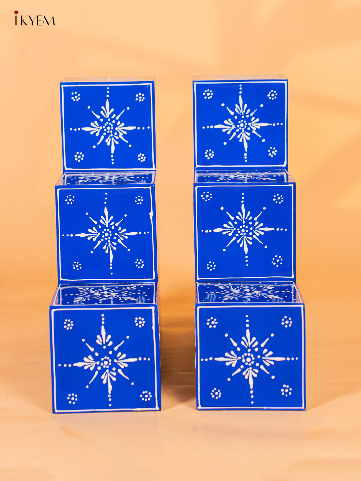 Wooden Hand-Painted 3-Step Diya Padi (Set of 2) - Blue - 12 Inches - KG28135 - Image 5