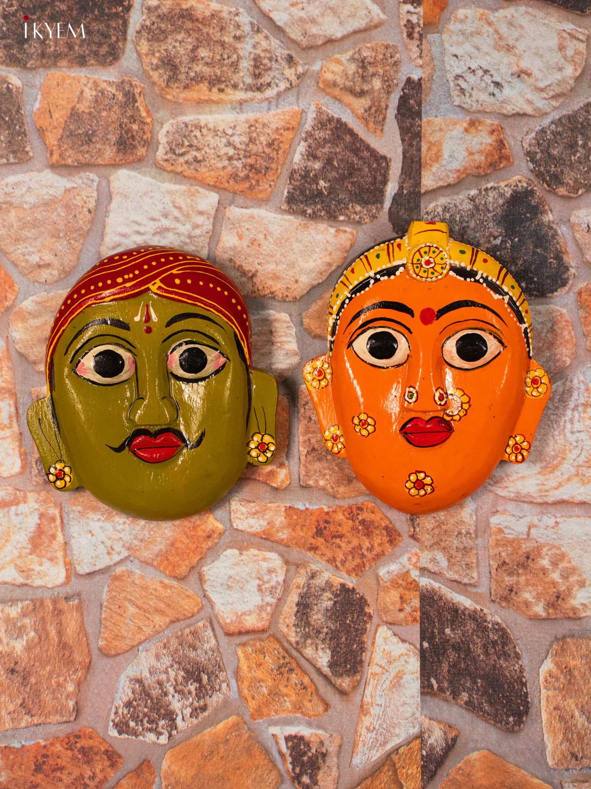 Hand-Painted Cheriyal Shriman & Shrimati Wooden Wall Hanging - 6 Inches - KG31140
