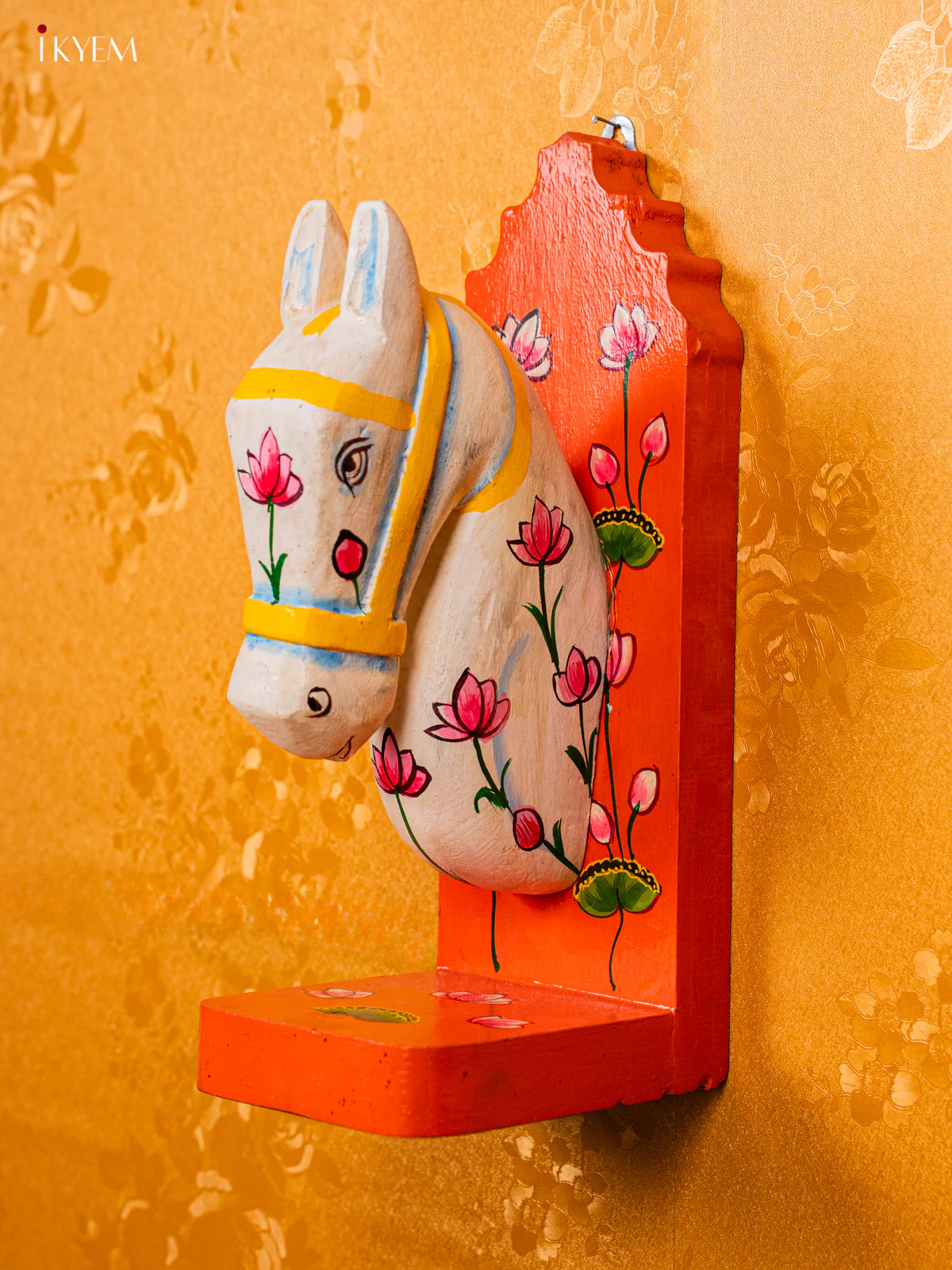 Wooden Hand Carved Painted Horse Wall Hanging With Lotus - Orange