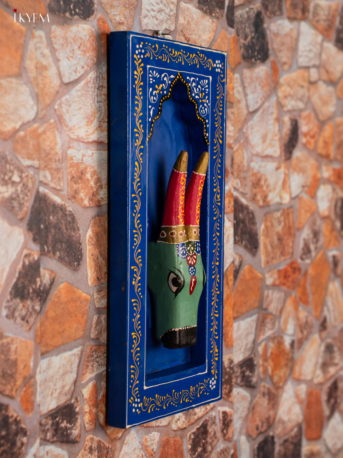 Vibrant Hand Carved Cow Wooden Wall Hanging Frame Painted in Blue - KG31146 - Image 2