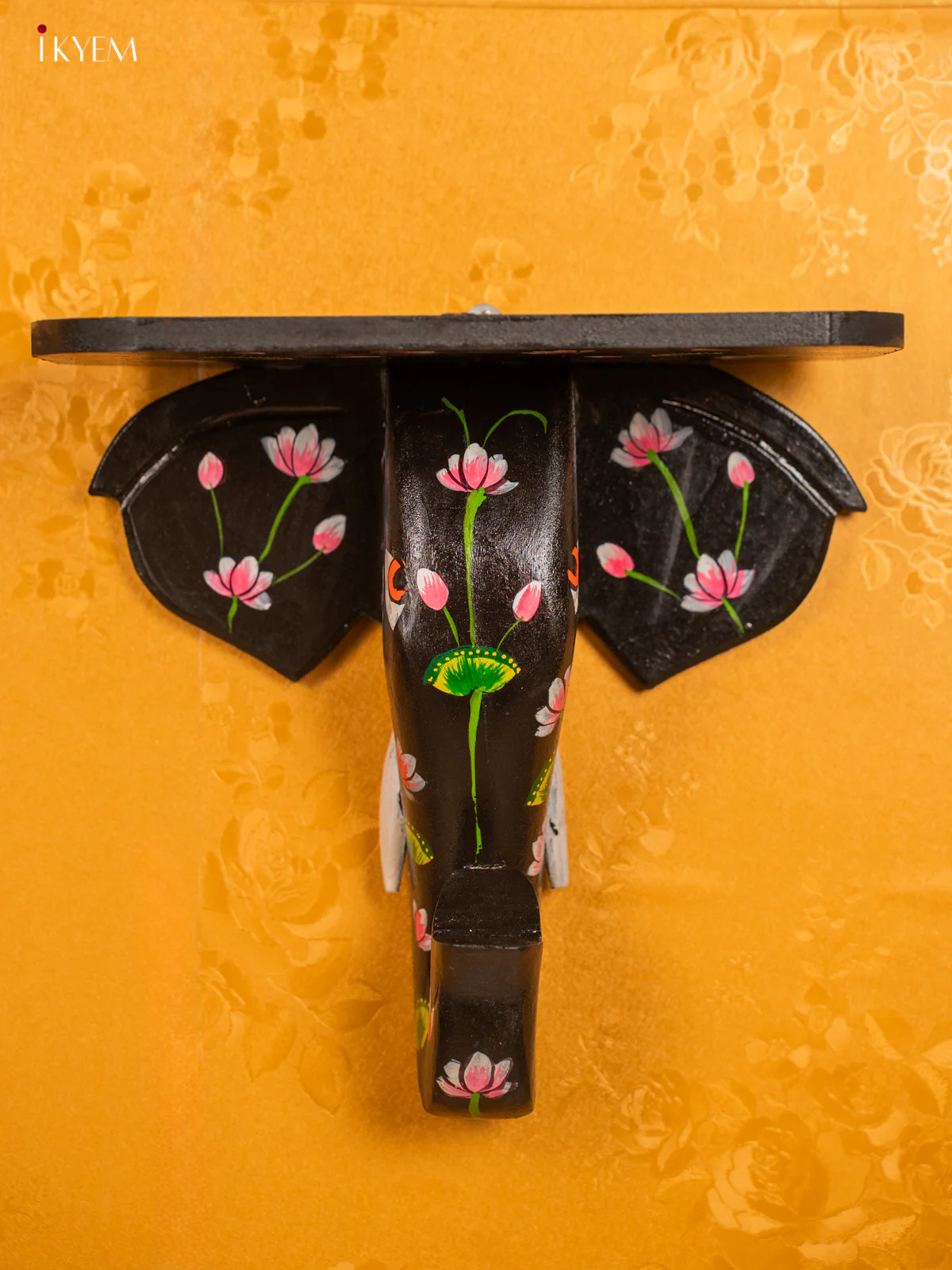 Wooden Hand Painted Elephant Head Wall Shelf with Lotus - Voilet - 12 Inches - KG31151