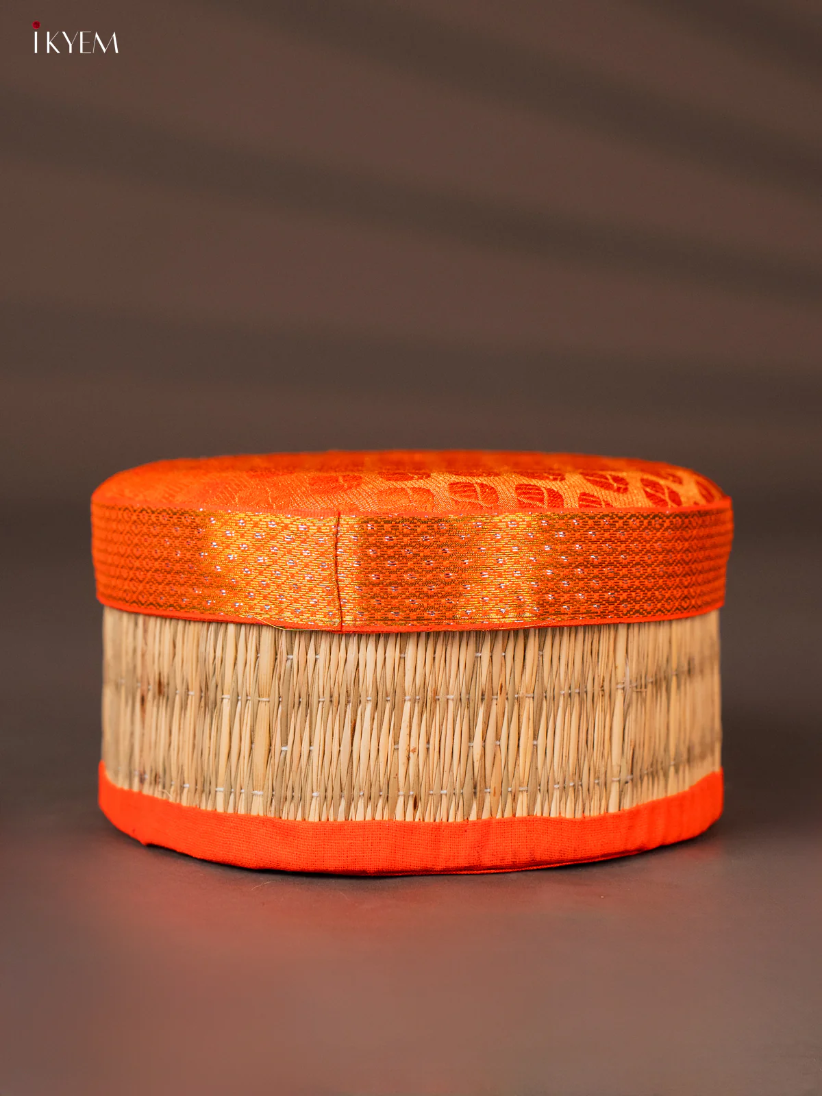 Round Korai Box with Banarasi Fabric Top - Orange - KH01138