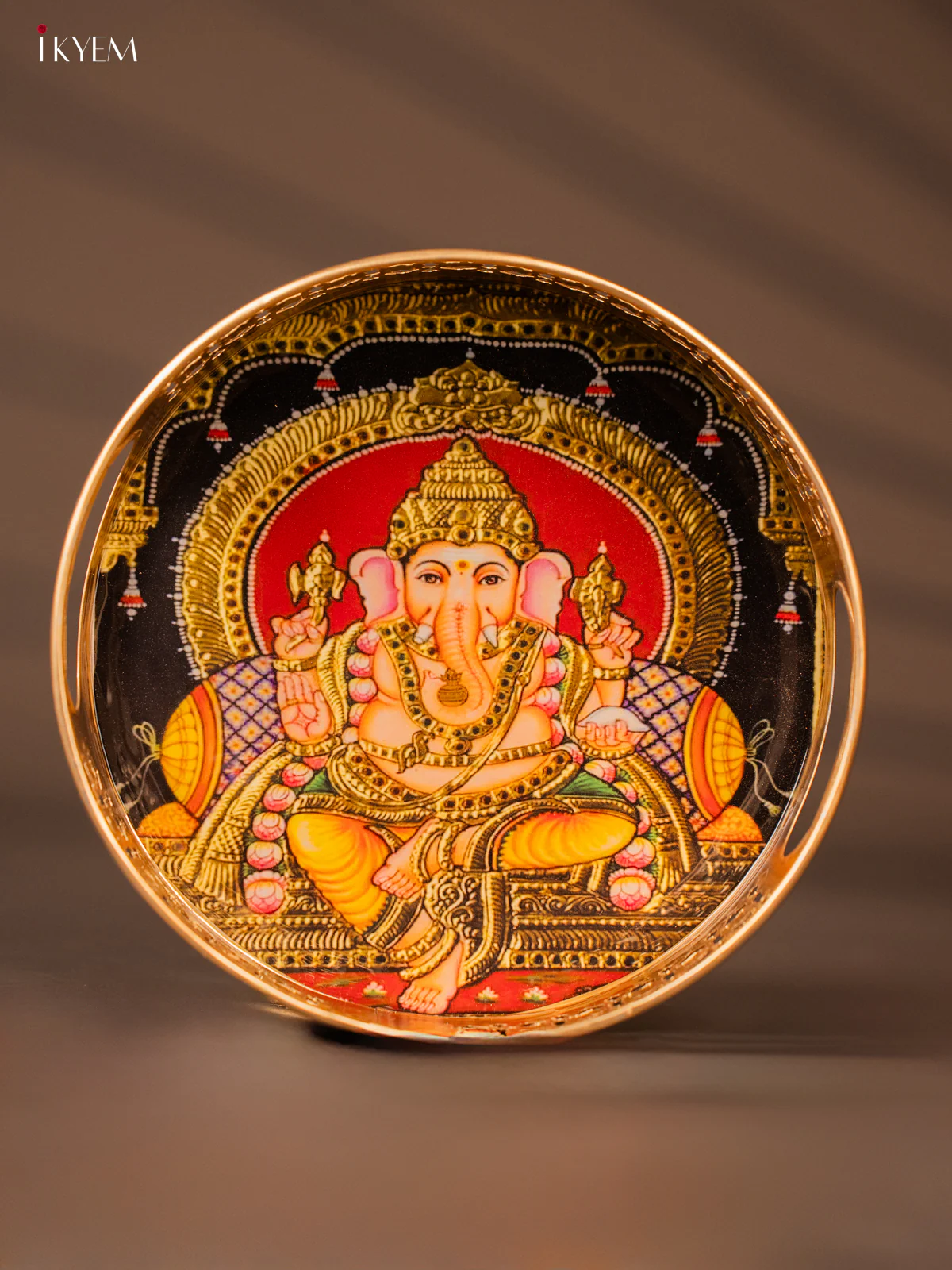 Metal Digital tray - Ganesha Gold with Green - 8 Inches -KH05146