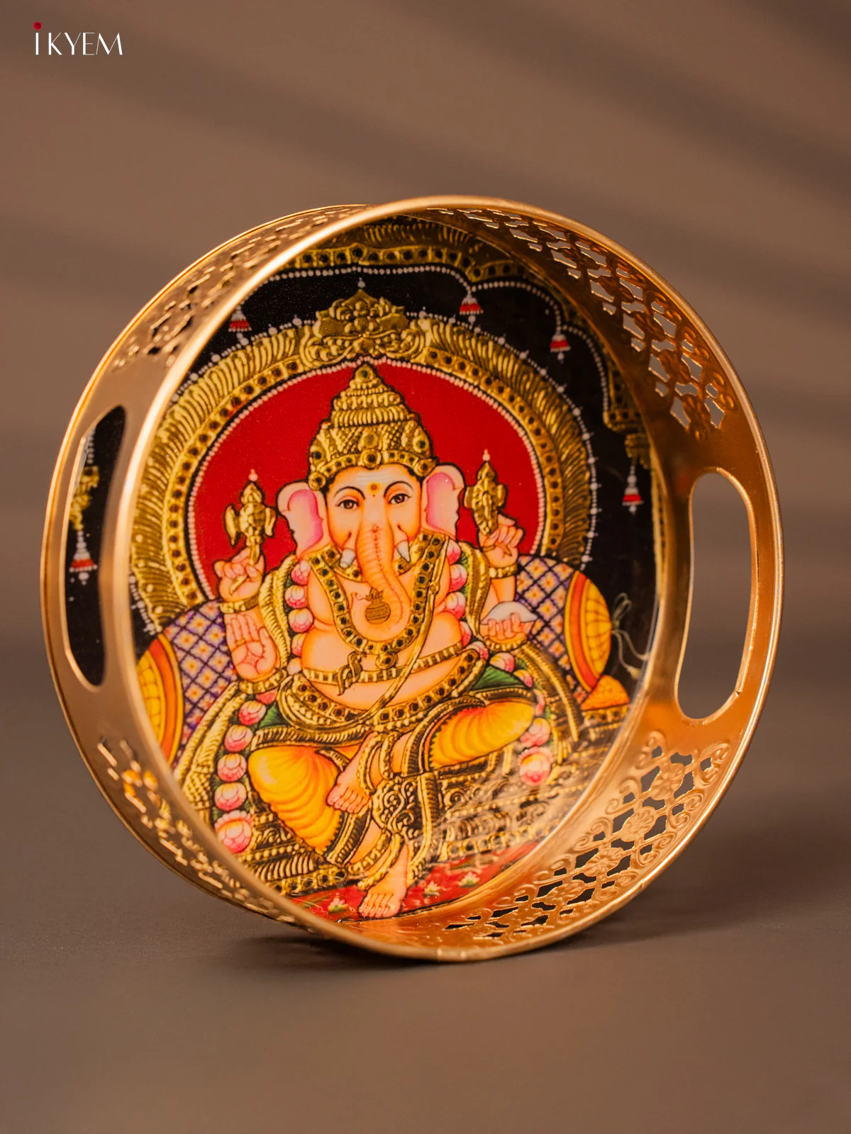 Metal Digital tray - Ganesha Gold with Green - 8 Inches -KH05146 - Image 3