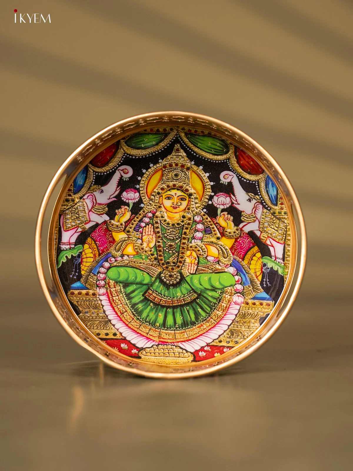 Metal Digital tray - Lakshmi with Lotus Green - 6 Inches - KH05154