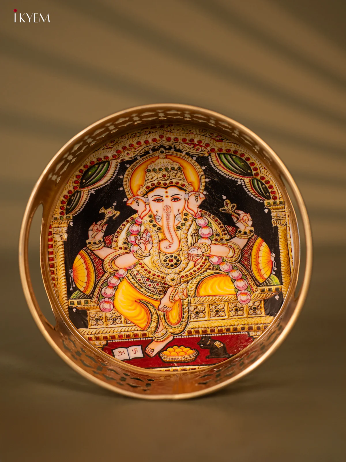 Metal Digital Tray- Ganesha Yellow With Green - 6 Inches - KH05164 - Image 2
