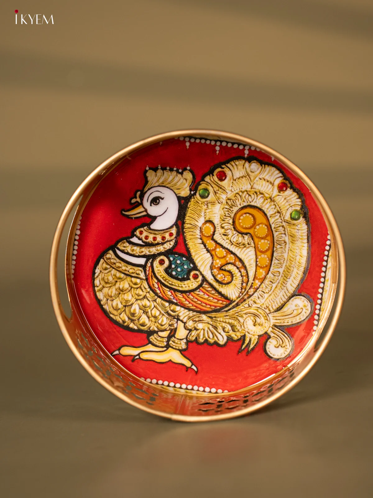 Metal Digital Tray- Annapakshi Red With Gold - 6 Inches - KH05167