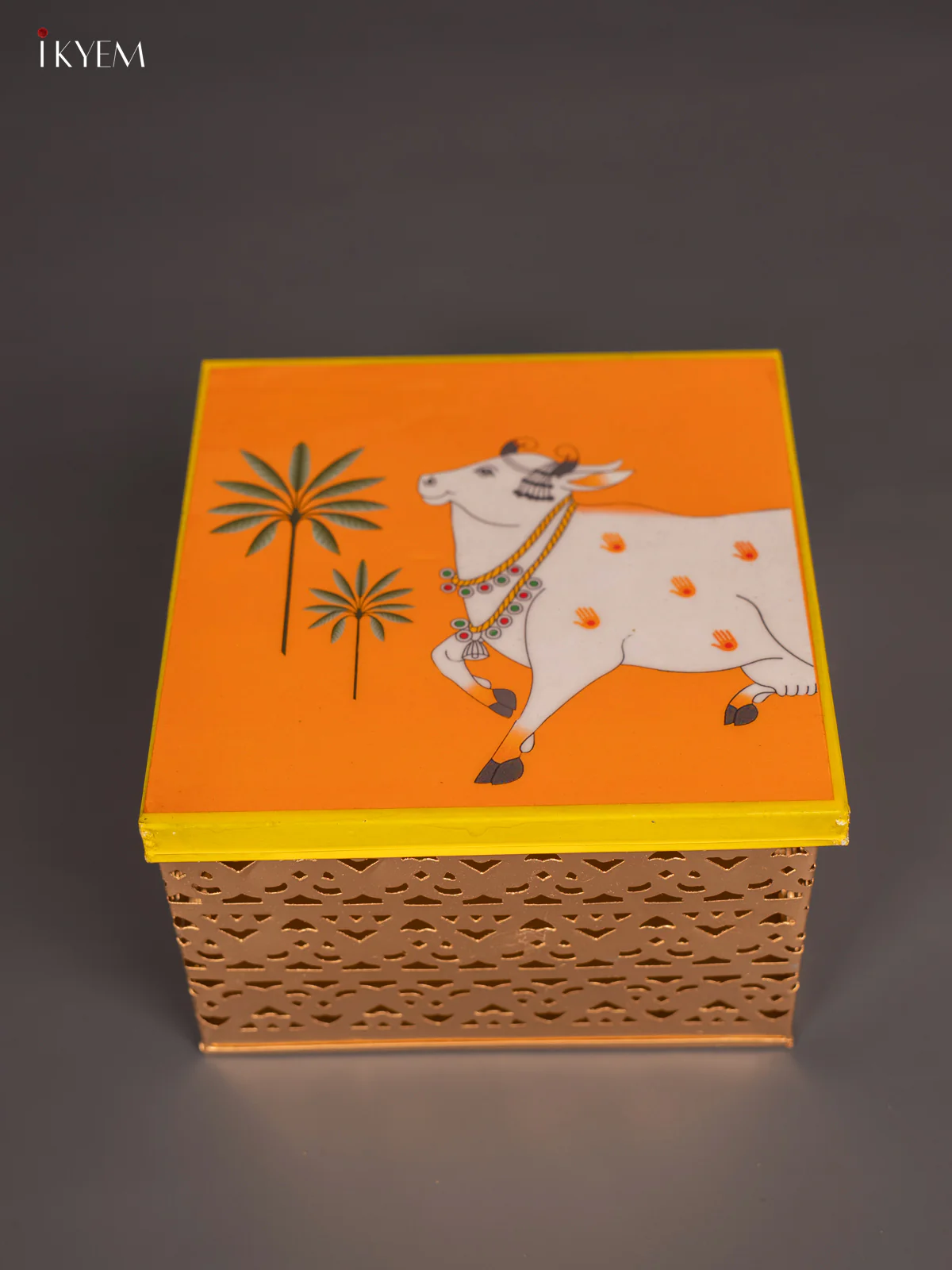 Pichwai Cow Printed Square Metal Box- 4 Inch - KH05185