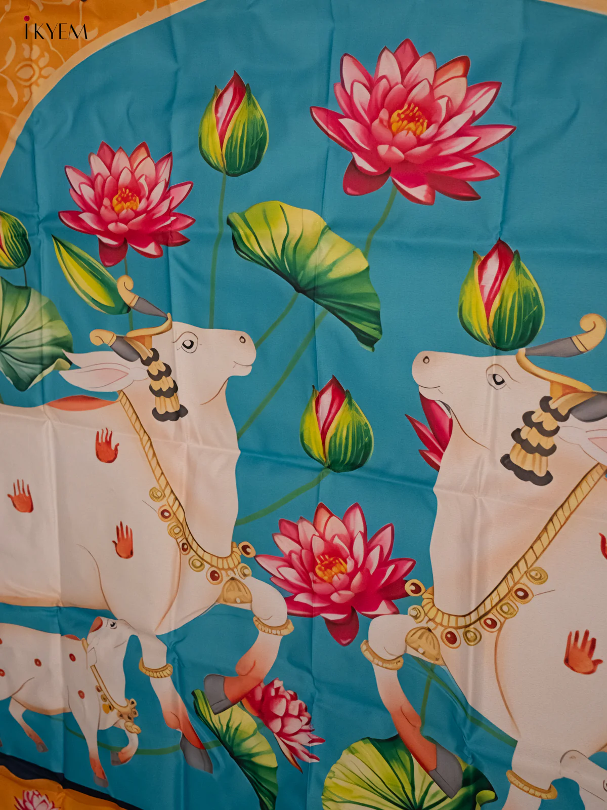 Pichwai Backdrop - Cow & calf Blue/yellow - (5×8 feet) - KH06127 - Image 4