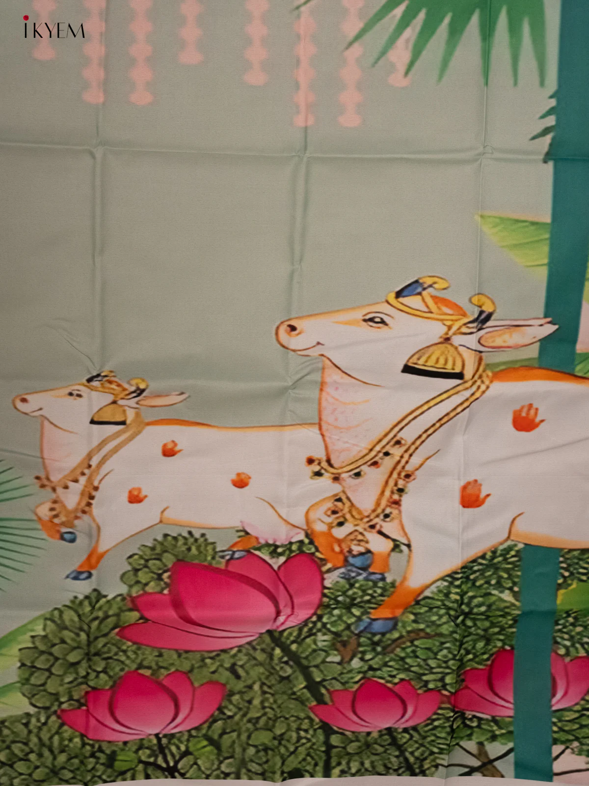 Pichwai Backdrop - Cow & calf Green/Pink - (5×8 feet) - KH06128 - Image 4