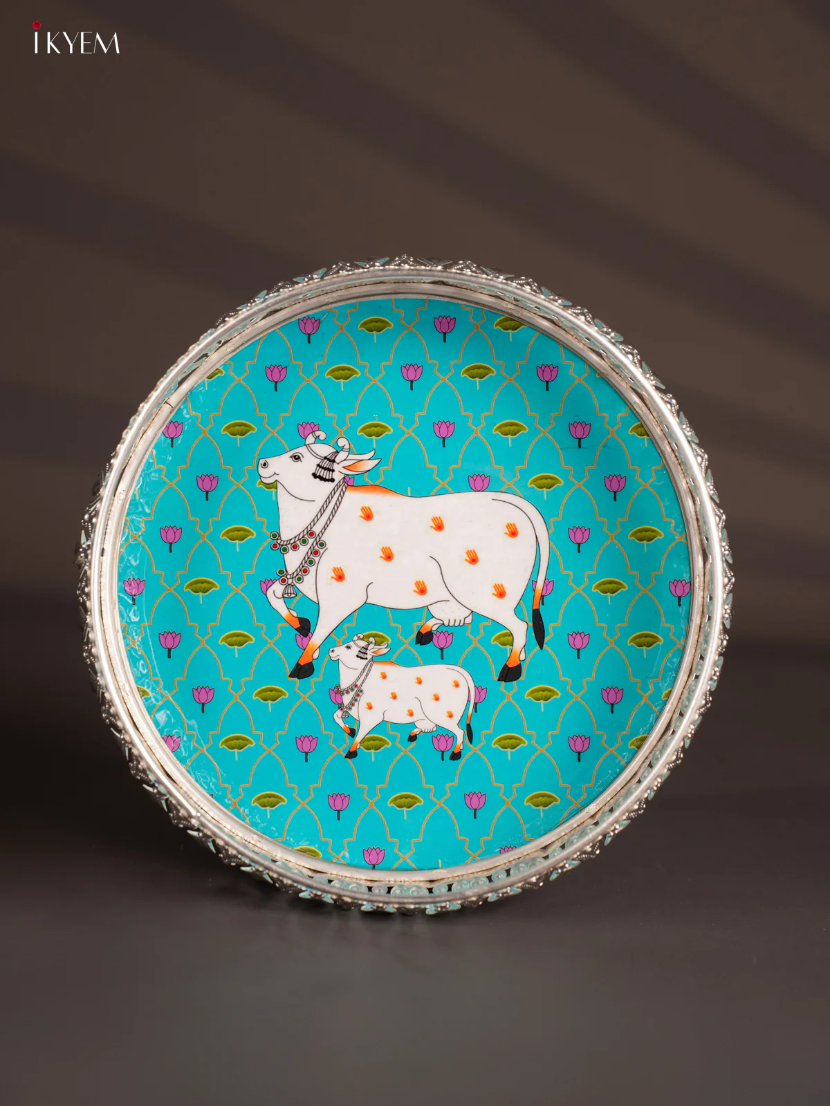 Digital Printed German Silver Tray - Cow & calf Teal Green - 8 Inches - KH07191