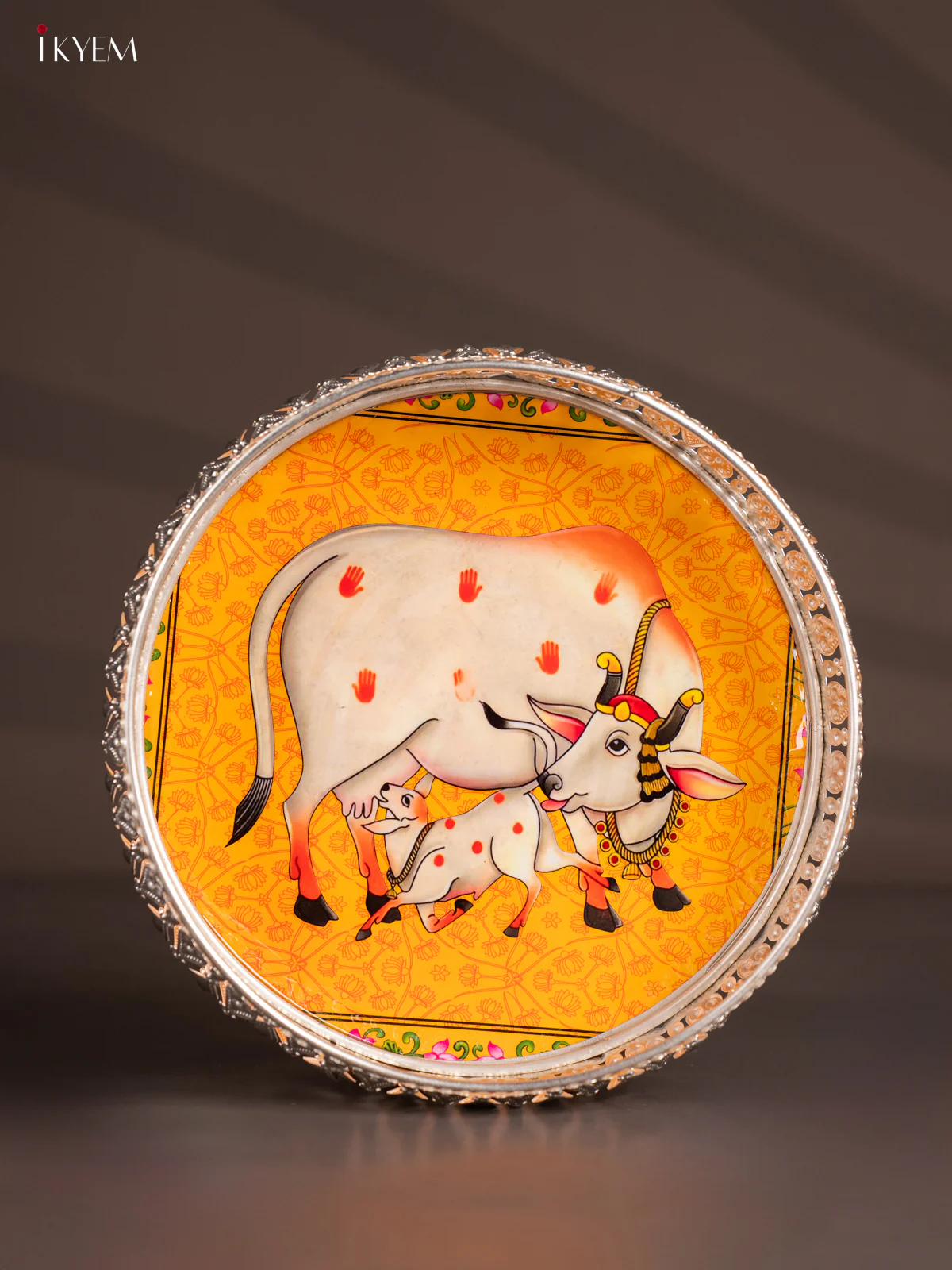 Digital Printed German Silver Tray - Cow & calf Orange - 8 Inches - KH07194