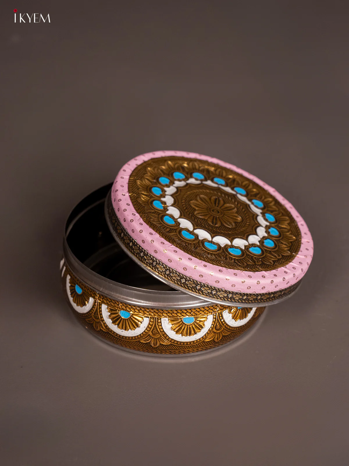 Oxidised Pink Colour Steel Box With Meenakari Design - KH09119 - Image 3