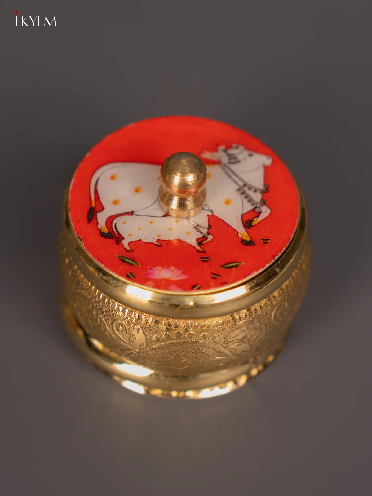Brass Cow & Calf Digital Printed Kumkum Holder - Red - (1.5×1.5) Inch - KH12111