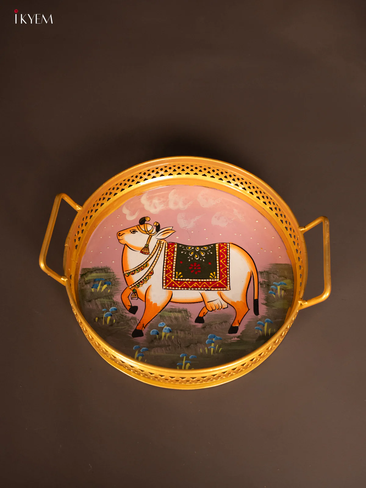 Hand Painted Iron Round tray - Light Pink Cow - Small - (10 x 10) - KH12128 - Image 3