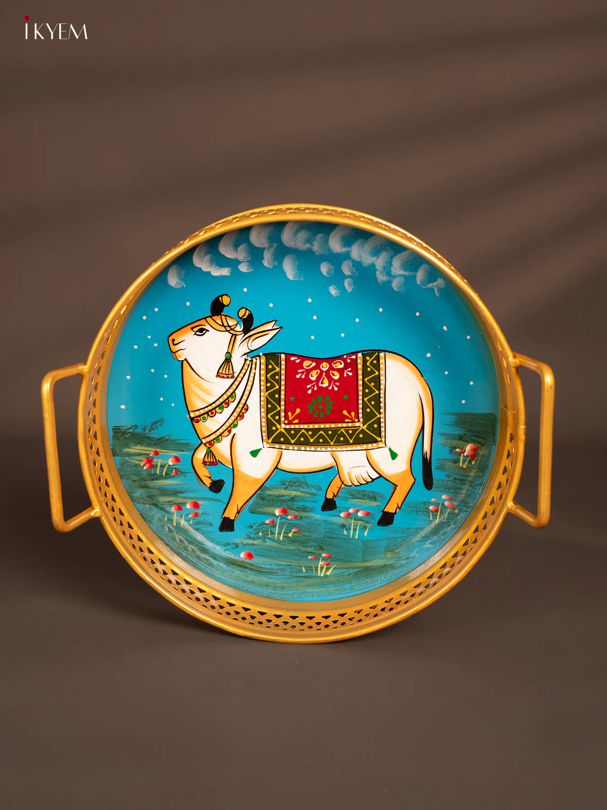 Cow Hand Painted Iron Round Tray - Sky Blue - (10x10) Inch - KH12130