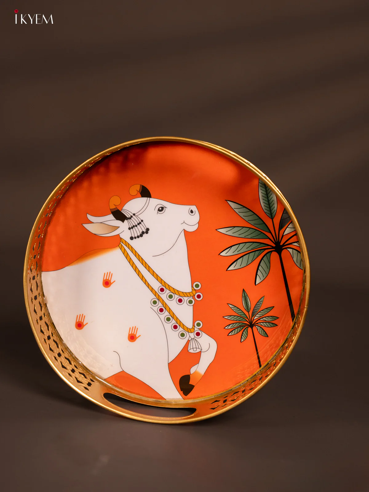 Digital printed Round Metal Tray Cow - Orange - 8 Inches - KH13113