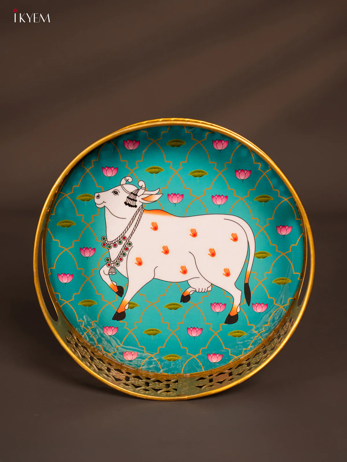 Digital printed Round Metal Tray Cow & Lotus- Teal blue - 8 Inches - KH13114