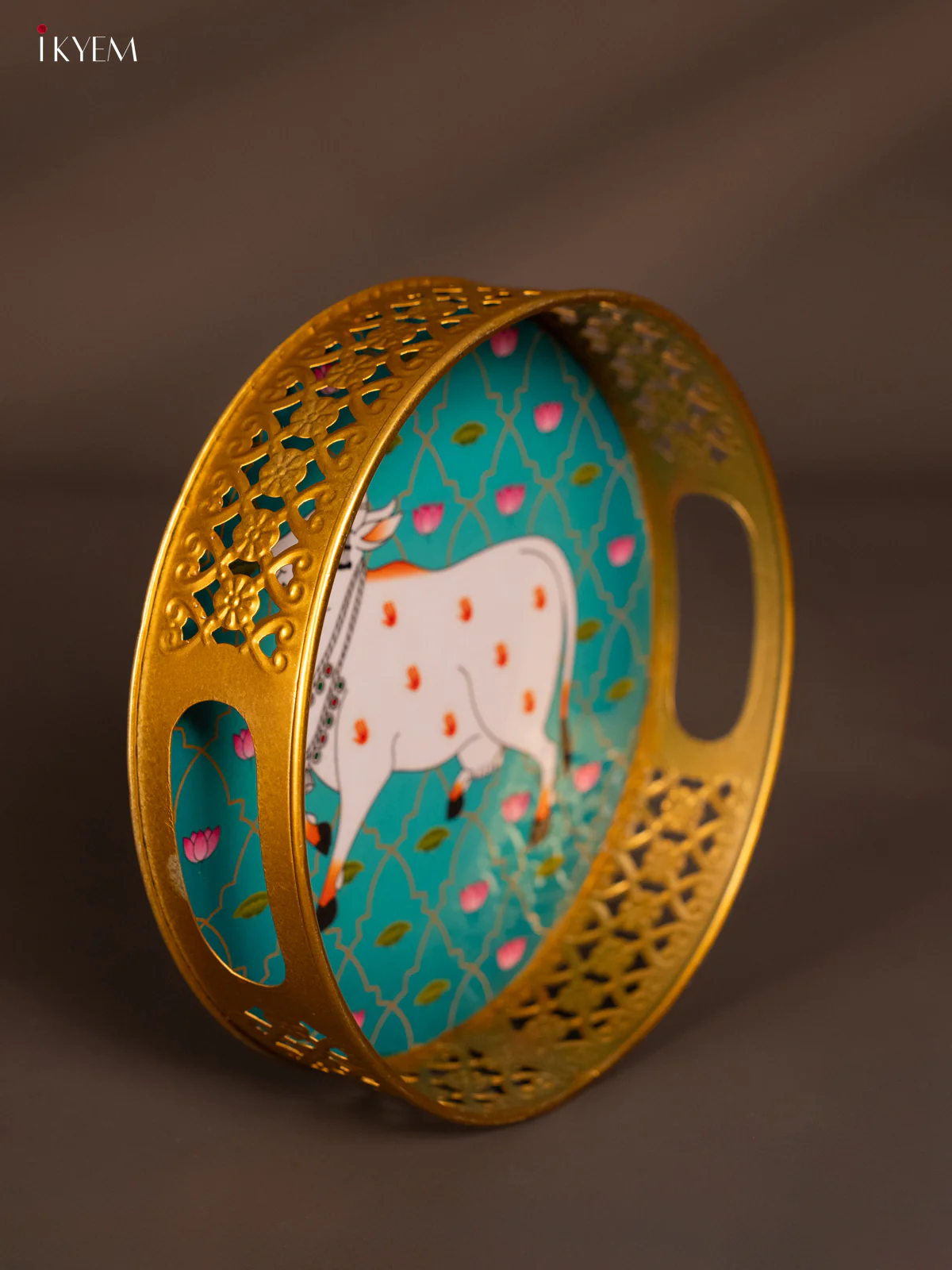 Digital printed Round Metal Tray Cow & Lotus- Teal blue - 8 Inches - KH13114 - Image 2