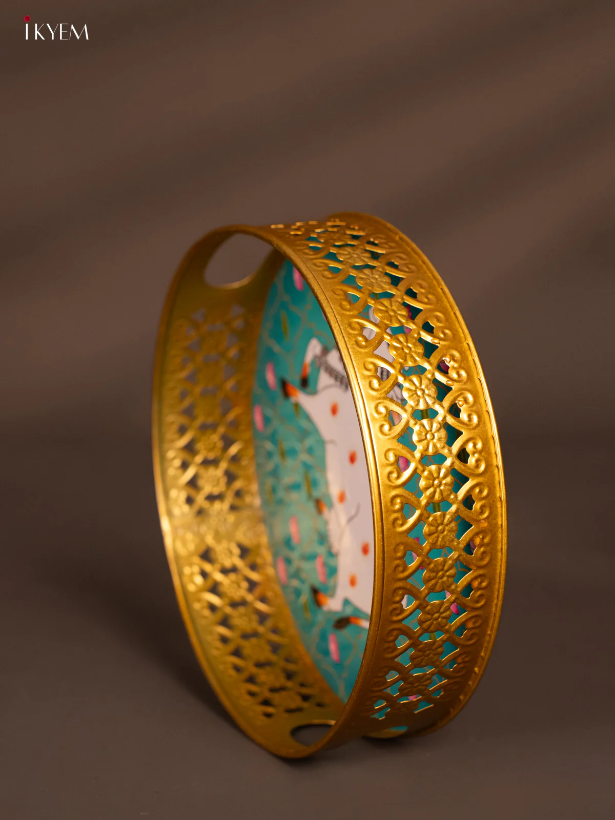 Digital printed Round Metal Tray Cow & Lotus- Teal blue - 8 Inches - KH13114 - Image 4