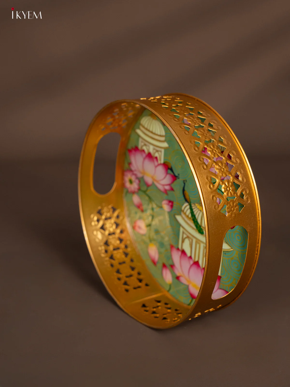 Digital printed Round Metal Tray Peacock & Lotus- Green - 8 Inches - KH13115 - Image 4