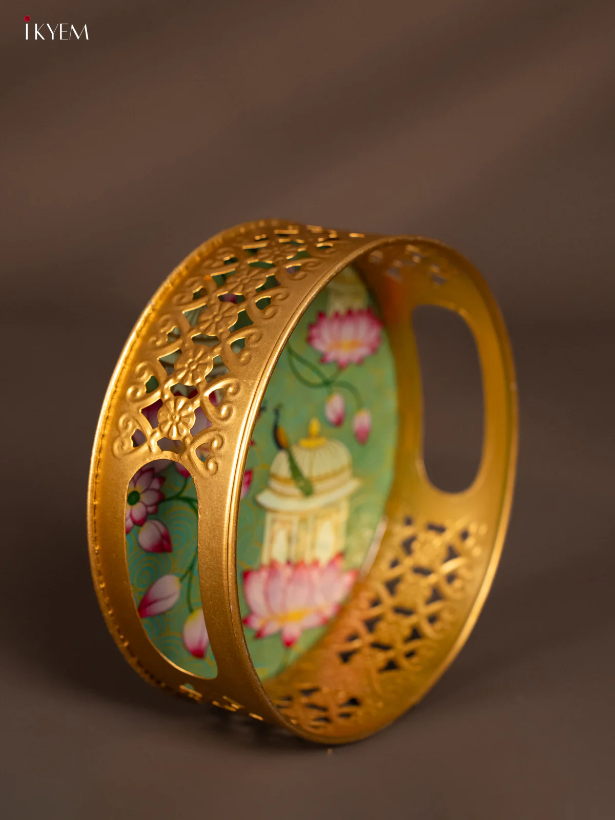 Digital printed Round Metal Tray Peacock & Lotus - Green - 6 Inches - KH13120 - Image 2