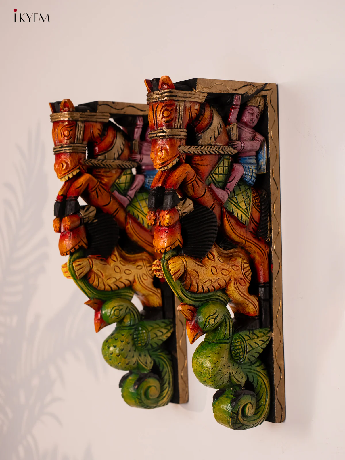 Wooden Hand Painted Carved Wall Bracket set Yali - Horse with parrot - 18 Inches - KH14180 - Image 5