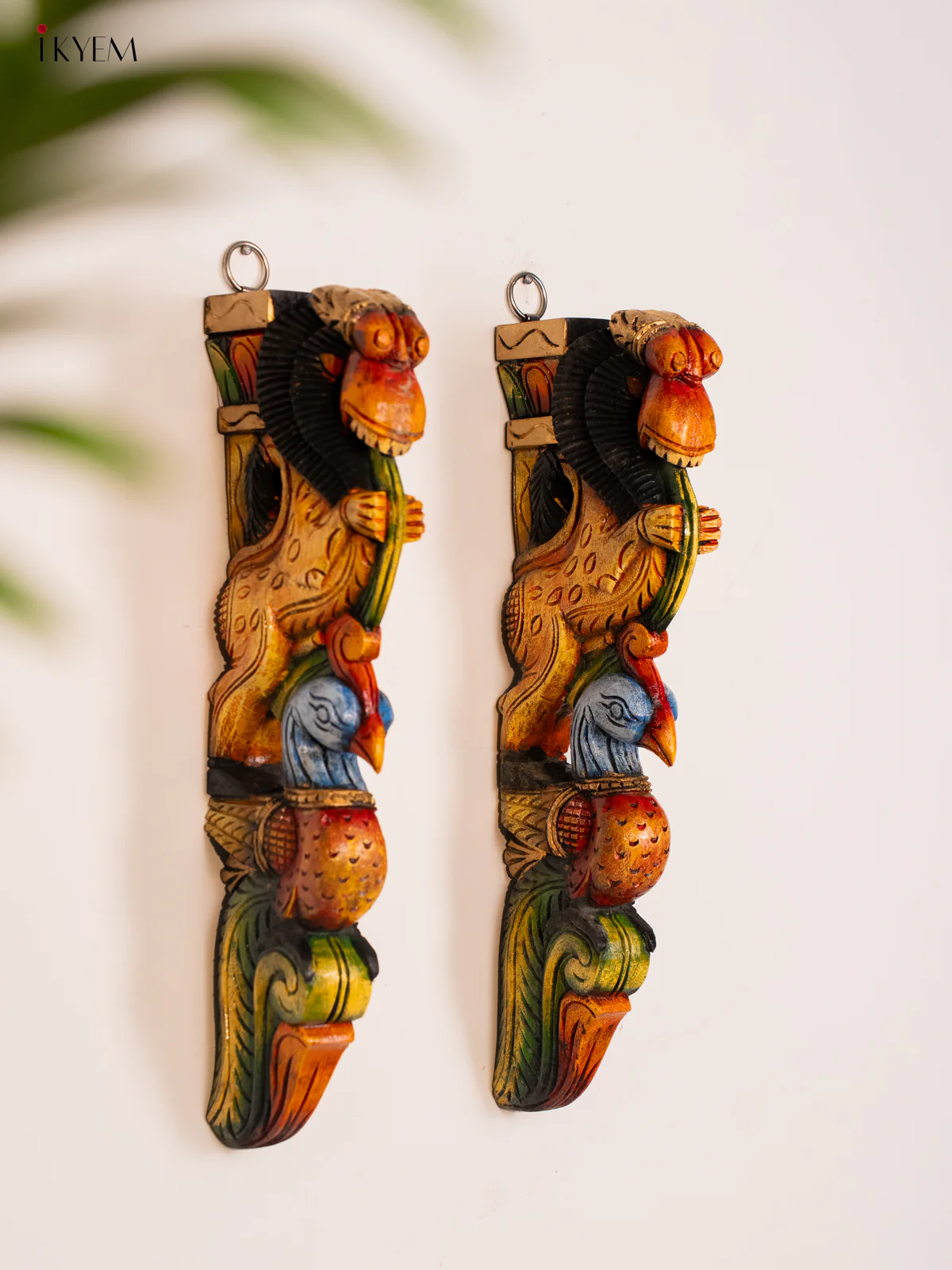 Wooden Hand Painted Carved Wall Bracket set Yali with Parrot - 18 Inches - KH14183
