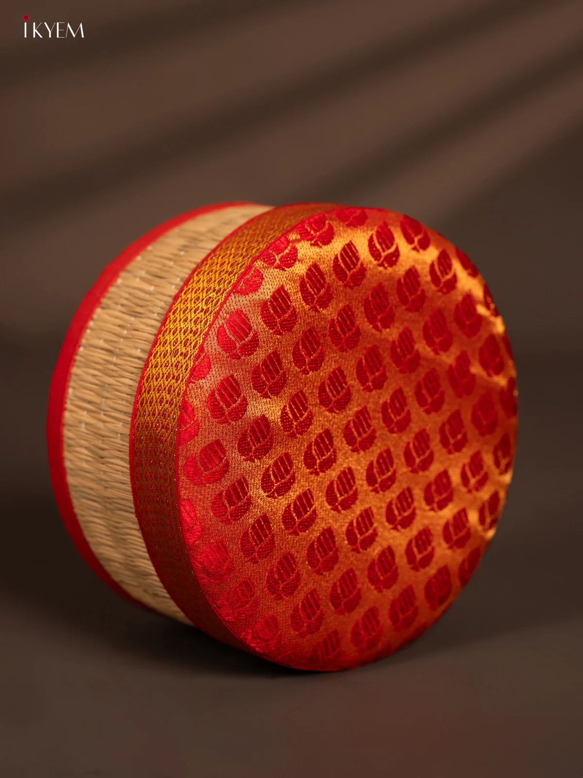Round Korai Box with Banarasi Fabric Top - Red - KH14185 - Image 2