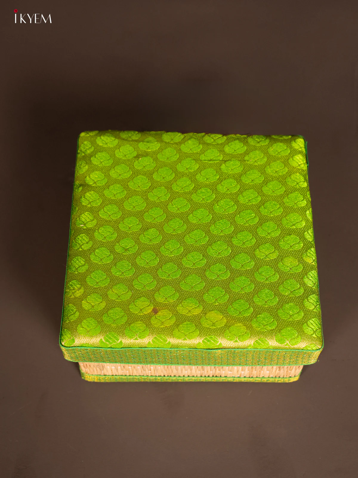 Square Korai Box with Banarasi Fabric Top - Green - KH14186