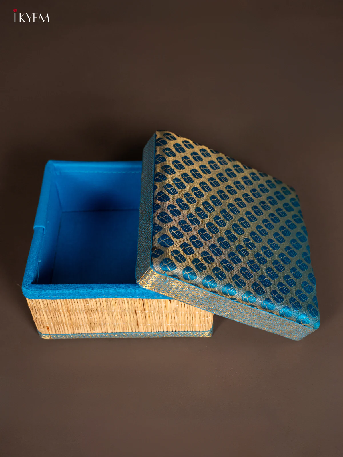 Square Korai Box with Banarasi Fabric Top - Sky Blue - KH14189 - Image 4
